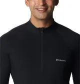 Remera térmica de manga larga Columbia de color negro, con cuello alto, cierre frontal parcial y aberturas para los pulgares en los puños.