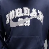 Hoodie Jordan MVP Fleece azul marino con capucha, bolsillo tipo canguro y estampado frontal estilo universitario con el texto "Jordan", el número 23 y el swoosh de Nike en color blanco. Presenta puños y dobladillo acanalados, además del logo Jumpman en la manga.