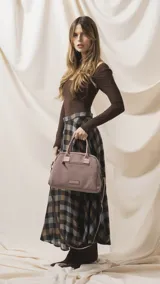 Cartera de mano color beige, confeccionada en tela impermeable, con doble asa corta y correa larga ajustable y desmontable. Presenta cierre principal, bolsillo frontal con cierre y detalle de colgante decorativo.