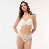 Tanga de encaje color blanco con diseño floral y detalle de joya dorada en la parte trasera.