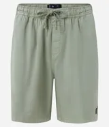 Bermuda de sarga lavada color gris oscuro, con cintura elástica ajustable mediante lazo, bolsillos laterales y corte recto.