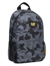Mochila Caterpillar modelo Benson Backpack, color gris y negro con estampado geométrico de camuflaje, compartimento principal con cierre de cremallera, bolsillo frontal, bolsillos laterales de red y asa superior.