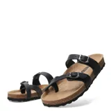 Sandalias de cuero graso color marrón habana, con diseño de dos tiras ajustables con hebillas metálicas y suela anatómica de corcho con base de goma antideslizante.