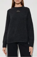 Sweater Diesel M-Areela de punto grueso para mujer, color gris melange, de calce relajado, con cuello redondo, manga larga y detalle calado en el pecho con la forma del icónico logo Oval D.