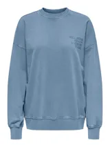 Buzo oversize de cuello redondo con hombros caídos y mangas largas. Presenta un diseño de estampa tipográfica en el pecho y puños acanalados.