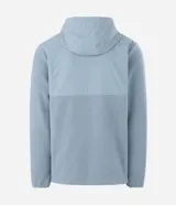 Buzo de fleece color verde agua con capucha ajustable, cierre frontal completo y bolsillo con cierre en el pecho. Presenta un diseño funcional con recortes en tejido plano y calce regular.