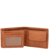 Billetera plegable de cuero natural color tostado, con costuras decorativas horizontales y logo de la marca grabado en la esquina inferior. Cuenta con múltiples compartimentos internos para tarjetas y documentos, además de tecnología de protección RFID.