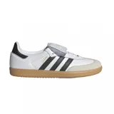 Championes adidas modelo Samba LT, de diseño clásico con base blanca, franjas laterales negras y suela de goma color caramelo. Presenta una lengüeta plegable característica y detalles en dorado.