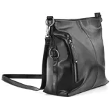 Cartera tipo bandolera de cuero sintético color negro, con correa larga regulable y bolsillo externo con cierre.