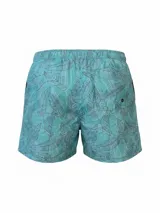 Short de baño de secado rápido con estampado floral en tonos lila y violeta, con cintura elástica y cordón ajustable bicolor.