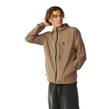 Campera Rip Curl Elite Dwr color marrón, con capucha ajustable, cierre frontal negro y bolsillos con cierre. Presenta un diseño repelente al agua y un pequeno parche con el logo de la marca en el pecho.