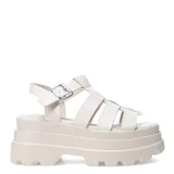 Sandalias tipo franciscanas color negro con diseño de tiras entrecruzadas, cierre con hebilla lateral y plataforma robusta con suela tractorada.