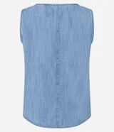 Blusa Marfinno sin mangas de jean color celeste, con cuello redondo y diseño liso.