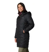Campera larga tipo parka de Columbia, modelo Delta Ridge II, en color negro. Presenta un diseño acolchado con tecnología HeatSeal sin costuras, cierre frontal de doble sentido, capucha integrada y bolsillos laterales con cremallera. Cuenta con tecnología Omni-Heat termorreflectante y aislamiento de plumón.