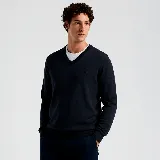 Sweater azul marino de algodón con cuello en V y logo bordado en el pecho.