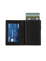 Billetera compacta de cuero sintético marrón con mecanismo de acceso rápido emergente para tarjetas y bloqueo RFID y NFC.