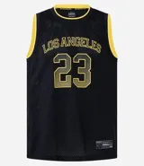 Musculosa deportiva de baloncesto confeccionada en tejido de malla con tecnología Dry Fit. Presenta cuello redondo con ribete amarillo, sisas con bordes amarillos y estampado frontal con la inscripción 'Los Angeles' y el número '23' en color amarillo. Incluye un tag decorativo en el ruedo inferior.