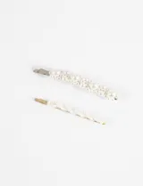Set de dos horquillas para el pelo, una plateada con perlas de diferentes tamaños y otra dorada con perlas pequeñas.