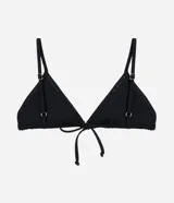 Top de bikini triangular en microfibra marrón, con pespuntes contrastantes y tiras ajustables.