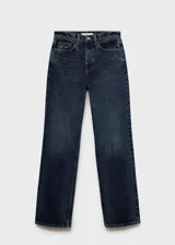 Jeans de tiro alto y corte recto, confeccionados en tejido de algodón estilo denim en color azul oscuro con efecto lavado. Presentan diseño de cinco bolsillos, cierre frontal con cremallera y botón, y trabillas para cinturón.