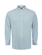 Camisa de manga larga RKF de corte regular, con patrón de cuadros vichy en tonos verde, azul y blanco. Cuenta con cuello abotonado, cierre frontal de botones, bolsillo en el pecho con el logo bordado y acabado resistente a las arrugas.