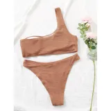 Bikini de dos piezas con textura acanalada, color amarillo. El top es de diseño asimétrico de un solo hombro y la parte inferior es de corte vedetina.