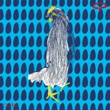 Pañuelo cuadrado con diseño artístico original que presenta un gallo estilizado con trazos tipo boceto sobre un fondo de patrón de puntos ovalados en tonos azules.