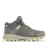 Bota de senderismo impermeable Columbia modelo Peakfreak Hera Mid Outdry, color gris con detalles en verde lima. Cuenta con empeine de malla transpirable, tecnología OutDry impermeable, mediasuela amortiguadora Techlite+ y suela de tracción Adapt Trax con tacos.