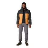 Campera puffer con capucha, diseño bicolor en negro y mostaza, con cierre frontal, bolsillos laterales con cierre y puños elásticos.