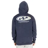 Canguro azul con capucha y cordones ajustables. Estampado frontal con el logo de la marca en blanco, amarillo y celeste.