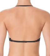 Soutien negro de microfibra con copas preformadas y tirantes ajustables que permiten múltiples configuraciones, incluyendo un diseño halter y espalda baja con tiras cruzadas ajustables.