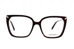 Armazón para lentes de acetato color carey con forma cuadrada y detalles dorados en las esquinas superiores.