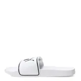 Sandalias tipo ojota Puma modelo Leadcat 2.0 V, color blanco con logo y detalles en negro. Presentan una banda superior ajustable con cierre de velcro.