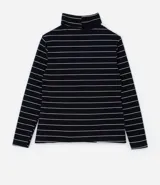 Blusa de rib de mujer, de corte ajustado, con cuello alto y mangas largas. Diseño a rayas horizontales blancas y negras.