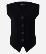 Chaleco femenino de corte sastrero y acinturado, confeccionado en punto roma color bordó. Presenta escote en V, cierre frontal con botones y diseño sin estampado.