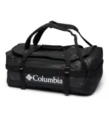 Bolso de lona Columbia modelo Landroamer de 60 litros, color negro, con diseño versátil que permite usarlo como mochila gracias a sus correas plegables. Cuenta con múltiples asas de transporte, correas de compresión, bolsillo externo con cremallera y compartimento principal amplio.