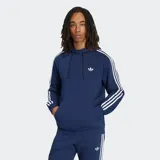 Canguro con capucha Adidas de color azul marino, con las clásicas tres tiras blancas en las mangas, bolsillo tipo canguro y el logo del Trifolio bordado en el pecho.