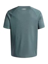 Remera deportiva Under Armour UA Tech Textured SS de manga corta, color verde con efecto melange y logo de la marca en el pecho.