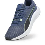 Championes deportivos Puma FTR Connect, color azul con detalles en negro y verde neón. Presentan una parte superior de malla transpirable, entresuela blanca amortiguada y suela de goma resistente.