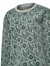 Buzo de algodón orgánico con cuello redondo y mangas largas. Presenta un diseño estampado con motivos florales y paisley en técnica flock sobre fondo gris.