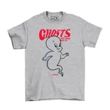 Remera gris de manga corta con estampado frontal de Gasparín y el texto 'Ghosts just wanna have fun'.