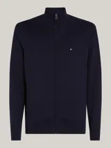 Sweater azul marino de Tommy Hilfiger con cuello perkins, cierre de cremallera, logo bordado en el pecho y puños y bajo de punto canalé.