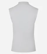 Top sin mangas negro, ajustado al cuerpo, con cuello alto y sutiles drapeados laterales.