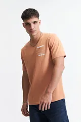 Remera color durazno de manga corta, cuello redondo y corte clásico. Estampado frontal con recuadro de buscador web y texto "authentic".