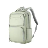 Mochila de formato cuadrado, color azul marino, con múltiples compartimentos frontales con cierre. Posee un asa superior para llevarla de mano.