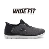 Championes deportivos Skechers Slip-ins Summits Dazzling Haze, color negro jaspeado, con horma ancha. Diseñados con tecnología Hands Free Slip-Ins y Heel Pillow para un ajuste cómodo y seguro. Cuentan con plantilla Skechers Air-Cooled Memory Foam y suela flexible con tracción.