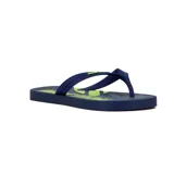 Chinelas de goma azul marino con estampado de palmeras en gris y detalles en amarillo flúor.