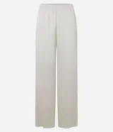 Pantalón recto color beige, confeccionado en crepé texturizado con cintura elástica y corte suelto.