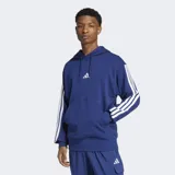 Canguro Adidas de felpa francesa color azul, con capucha y cordón ajustable, bolsillo canguro frontal y hombros caídos. Cuenta con las icónicas tres tiras blancas en las mangas y el logo de la marca bordado en el pecho.
