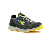 Championes de seguridad Diadora modelo Utility, en combinación de colores gris oscuro, azul y detalles en amarillo. Presentan un diseño robusto con puntera reforzada, cordones claros y suela de goma antideslizante con entresuela gris.